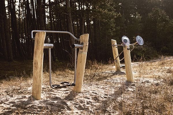Équipements de fitness en bois et métal installés à la plage, intégrés dans un environnement naturel.